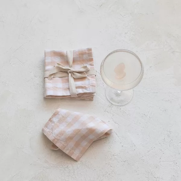 imageCreative CoOp Cotton Gingham Set of 4 Peach and White Napkin Pink