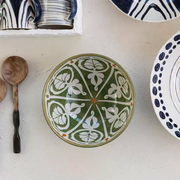imageCreative CoOp 105 Round HandPainted Stoneware Serving Pattern Design Green and Brown Bowl