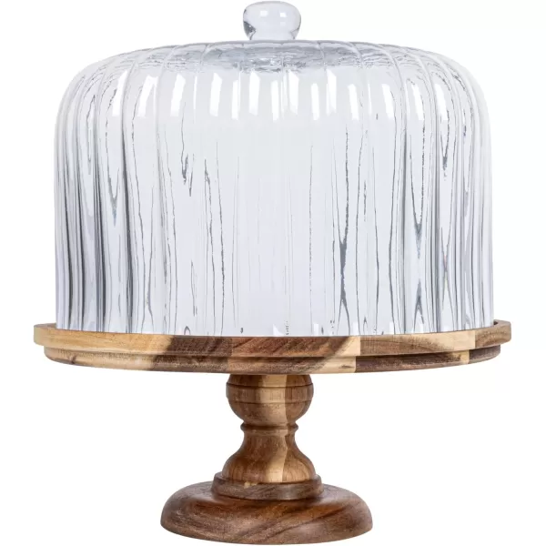 imageCreative CoOp 12 Inches Round Acacia Wood Pedestal with Fluted Glass Natural Set of 2 Cloche