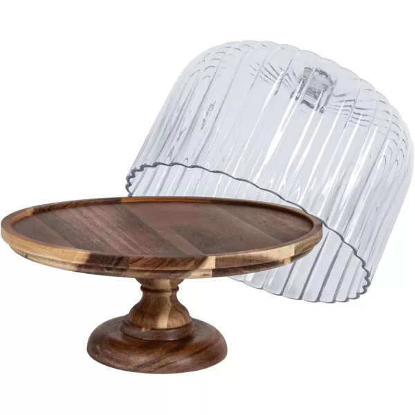 imageCreative CoOp 12 Inches Round Acacia Wood Pedestal with Fluted Glass Natural Set of 2 Cloche