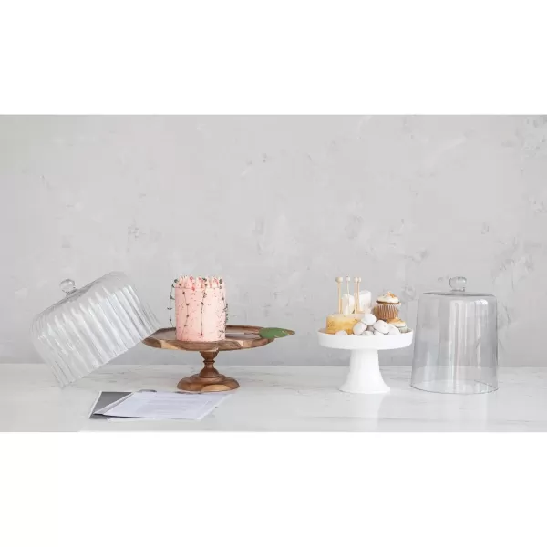 imageCreative CoOp 12 Inches Round Acacia Wood Pedestal with Fluted Glass Natural Set of 2 Cloche