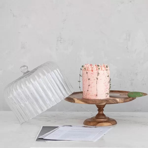 imageCreative CoOp 12 Inches Round Acacia Wood Pedestal with Fluted Glass Natural Set of 2 Cloche