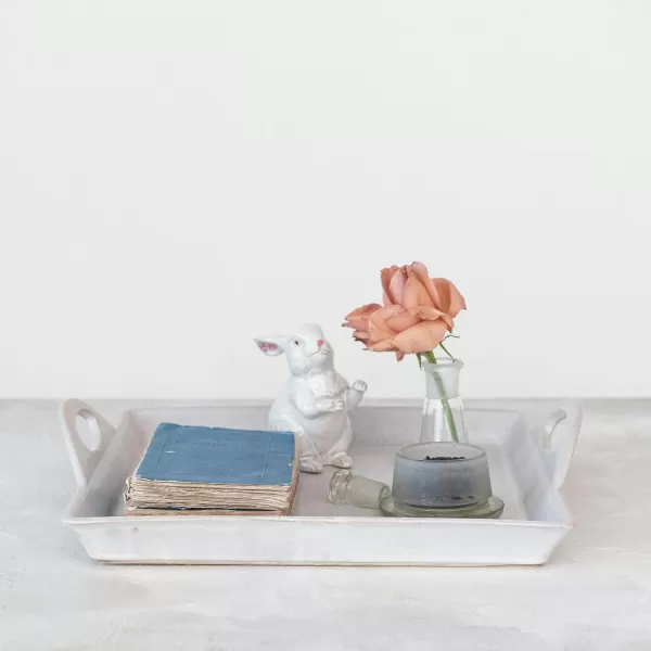 imageCreative CoOp Antique Elegance Stoneware Serving Tray with Handles White