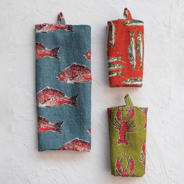 imageCreative CoOp Linen Sea Life Patterns Set of 3 Styles Multicolor Tea Towel Multi