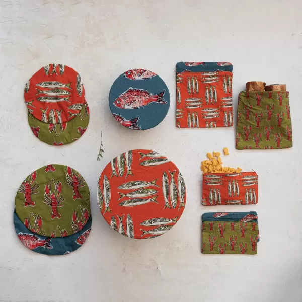 imageCreative CoOp Round Cotton Bowl Covers with Lining and Sea Life Designs Set of 3 Styles Multicolor ir Multi
