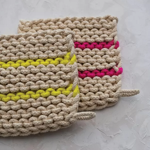 imageCreative CoOp Square Cotton Crocheted Neon Stripes Set of 2 Styles Multicolor Pot Holder Multi