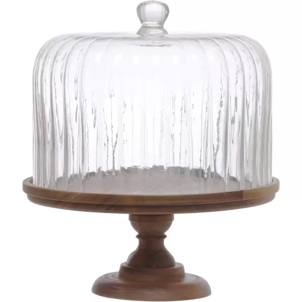 imageCreative CoOp 12 Inches Round Acacia Wood Pedestal with Fluted Glass Natural Set of 2 Cloche