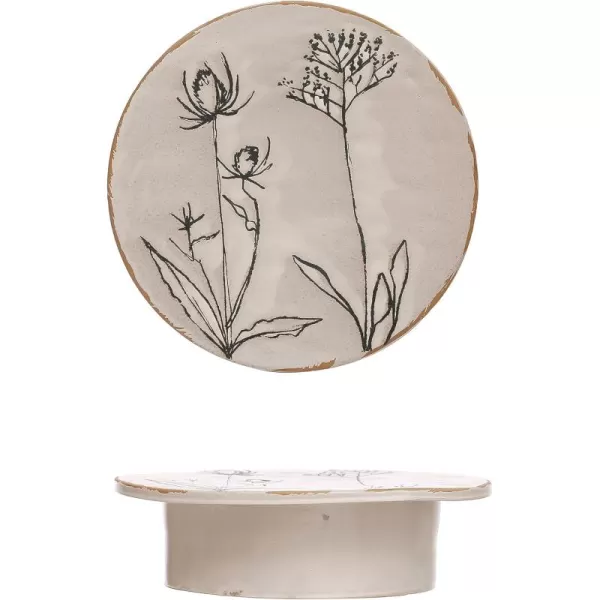 imageCreative CoOp 12 Inches Round Debossed Stoneware Flowers and Reactive Glaze White and Black Pedestal