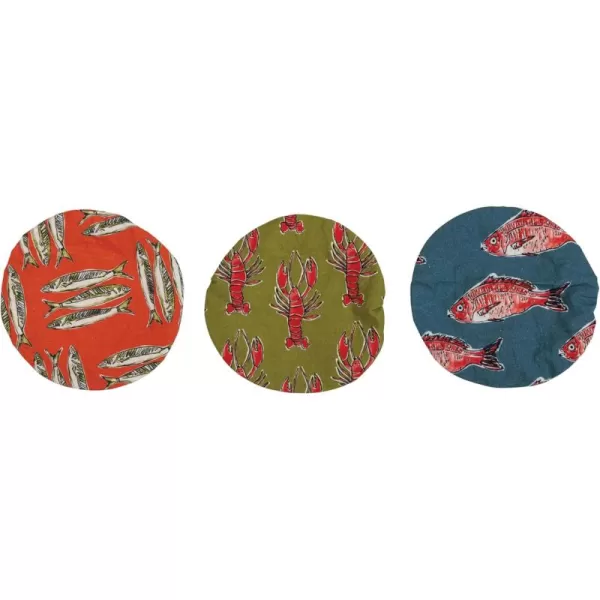 imageCreative CoOp Round Cotton Bowl Covers with Lining and Sea Life Designs Set of 3 Styles Multicolor ir Multi