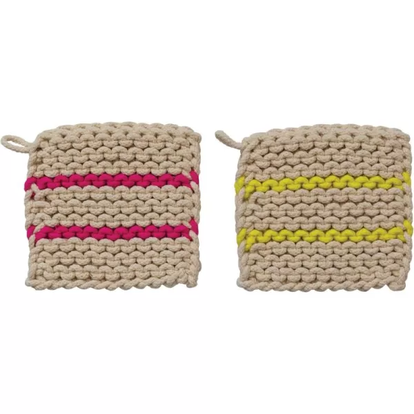 imageCreative CoOp Square Cotton Crocheted Neon Stripes Set of 2 Styles Multicolor Pot Holder Multi