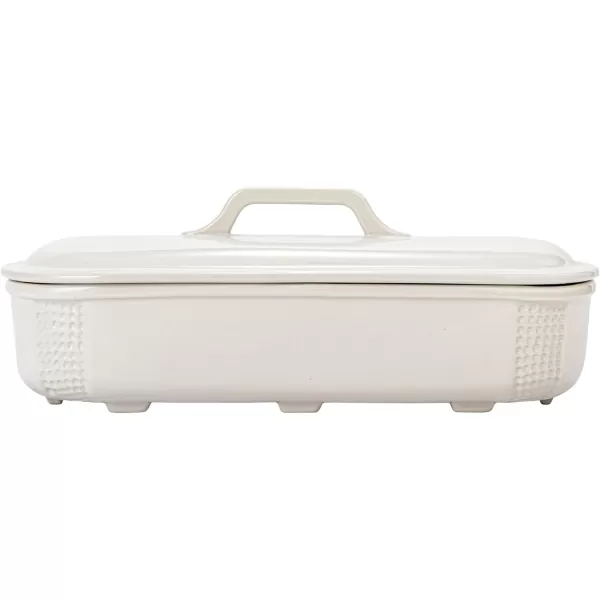 imageCreative CoOp 155 Inches Oval 2Quart Debossed Stoneware Baking Dish with Lid Matte White Baker