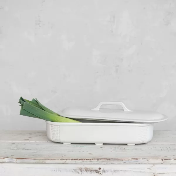imageCreative CoOp 155 Inches Oval 2Quart Debossed Stoneware Baking Dish with Lid Matte White Baker