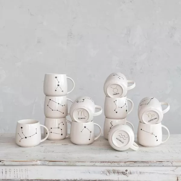 imageCreative CoOp 35 Inches Stoneware Western Zodiac Design Prints Cream Set of 12 Mugs