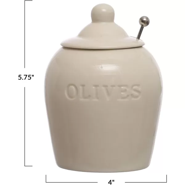imageCreative CoOp 4 Inches Round Debossed Stoneware Stainless Steel Slotted Spoon Olives White Set of 2 Jar