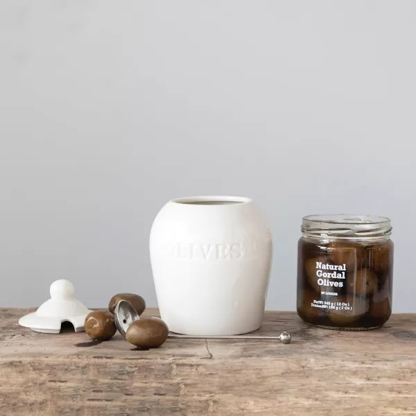 imageCreative CoOp 4 Inches Round Debossed Stoneware Stainless Steel Slotted Spoon Olives White Set of 2 Jar