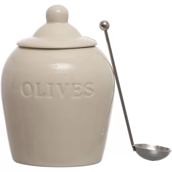 imageCreative CoOp 4 Inches Round Debossed Stoneware Stainless Steel Slotted Spoon Olives White Set of 2 Jar