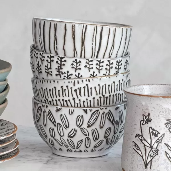 imageCreative CoOp 5 Inches Round Stoneware Dinnerware Set with 4 Various Wax Patterns Cream Set of 12 Bowls