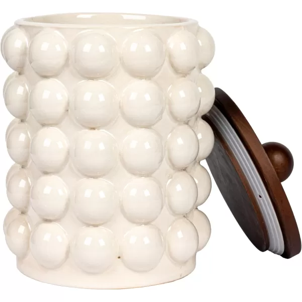 imageCreative CoOp 575 Inches Round Stoneware Raised Dots and Acacia Wood Lid White and Natural Canister