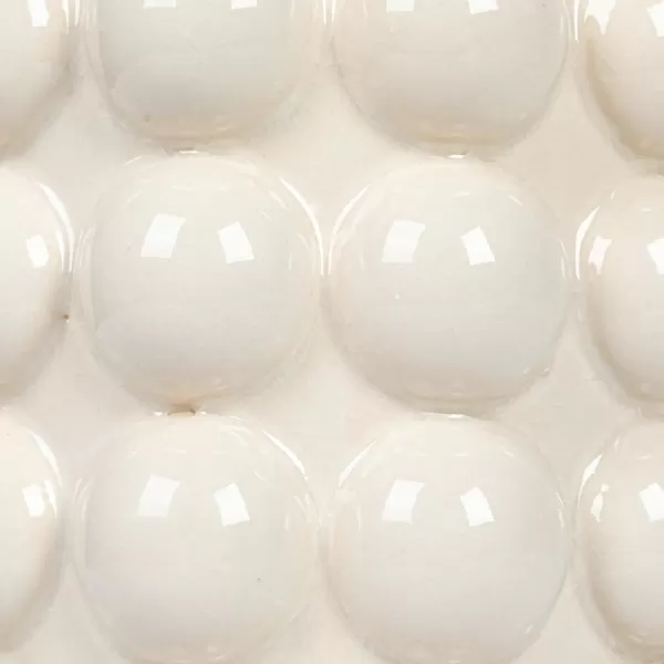 imageCreative CoOp 575 Inches Round Stoneware Raised Dots and Acacia Wood Lid White and Natural Canister
