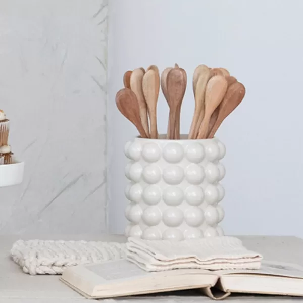imageCreative CoOp 575 Inches Round Stoneware Raised Dots and Acacia Wood Lid White and Natural Canister