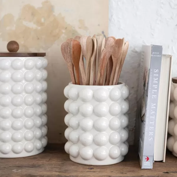 imageCreative CoOp 575 Inches Round Stoneware Raised Dots and Acacia Wood Lid White and Natural Canister