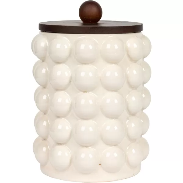 imageCreative CoOp 575 Inches Round Stoneware Raised Dots and Acacia Wood Lid White and Natural Canister
