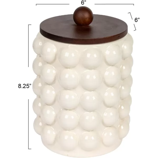 imageCreative CoOp 575 Inches Round Stoneware Raised Dots and Acacia Wood Lid White and Natural Canister