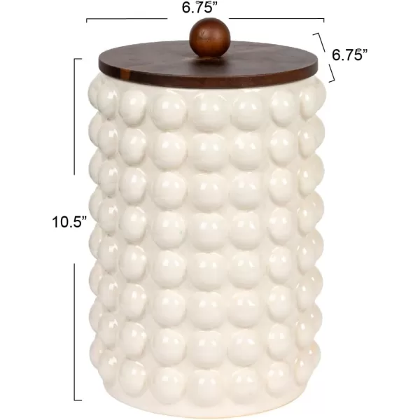 imageCreative CoOp 675 Inches Round Stoneware Raised Dots and Acacia Wood Lid White and Natural Canister