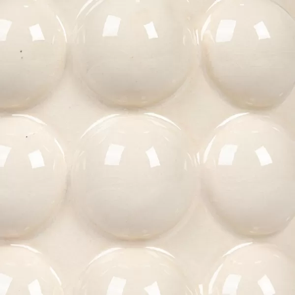 imageCreative CoOp 825 Inches Round Stoneware Raised Dots and Acacia Wood Lid White and Natural Canister