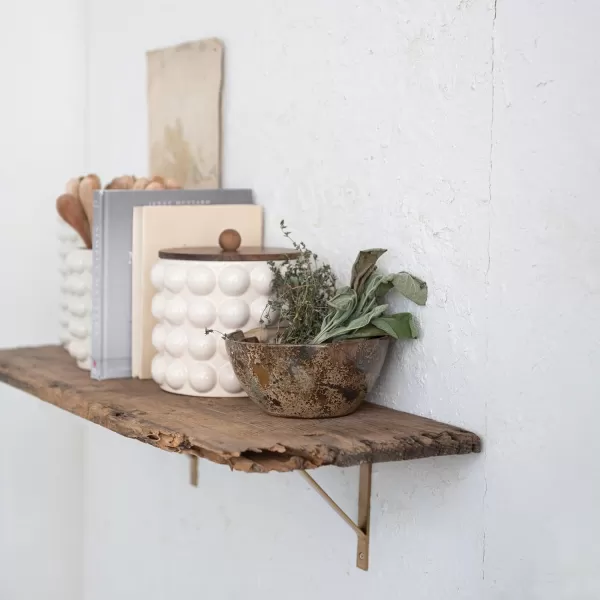 imageCreative CoOp 825 Inches Round Stoneware Raised Dots and Acacia Wood Lid White and Natural Canister