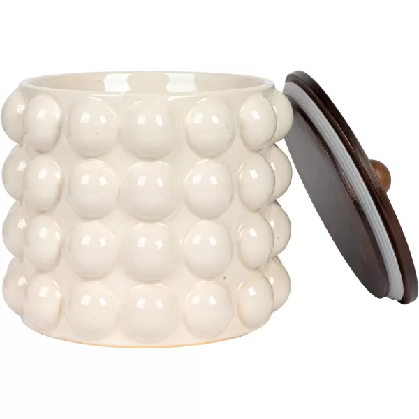 imageCreative CoOp 825 Inches Round Stoneware Raised Dots and Acacia Wood Lid White and Natural Canister
