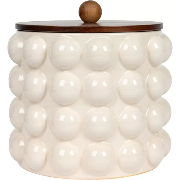 imageCreative CoOp 825 Inches Round Stoneware Raised Dots and Acacia Wood Lid White and Natural Canister