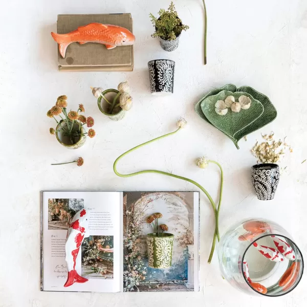 imageCreative CoOp Farmhouse Stoneware Wax Relief Botanicals Set of 6 Styles 2 Colors Cup Multi