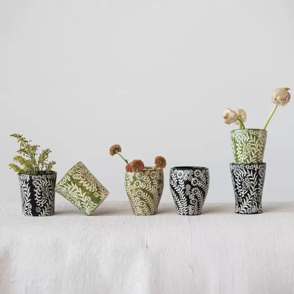imageCreative CoOp Farmhouse Stoneware Wax Relief Botanicals Set of 6 Styles 2 Colors Cup Multi
