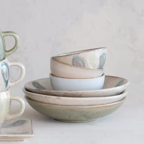 imageCreative CoOp Geometric Harmony Stoneware Bowls Green and Blue Set of 3Low Bowls