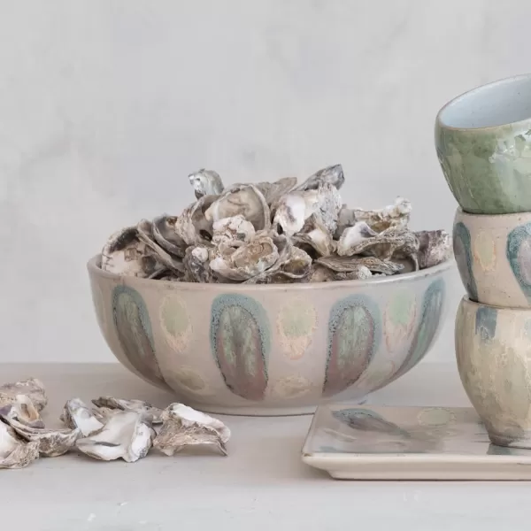 imageCreative CoOp Geometric Harmony Stoneware Bowls Green and Blue Set of 3Serving Bowl