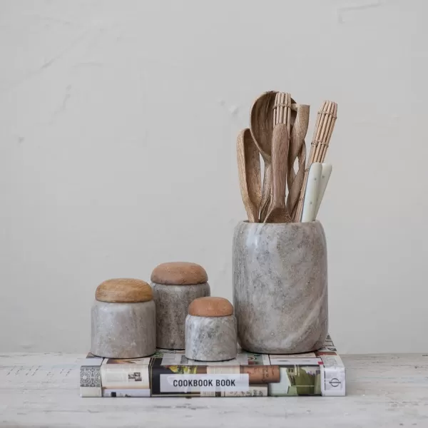 imageCreative CoOp Modern Marble Canister with Wood Lid NaturalBeige