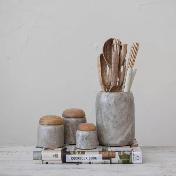 imageCreative CoOp Modern Marble Canister with Wood Lid NaturalBeige