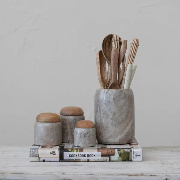 imageCreative CoOp Modern Marble Canister with Wood Lid NaturalBeige