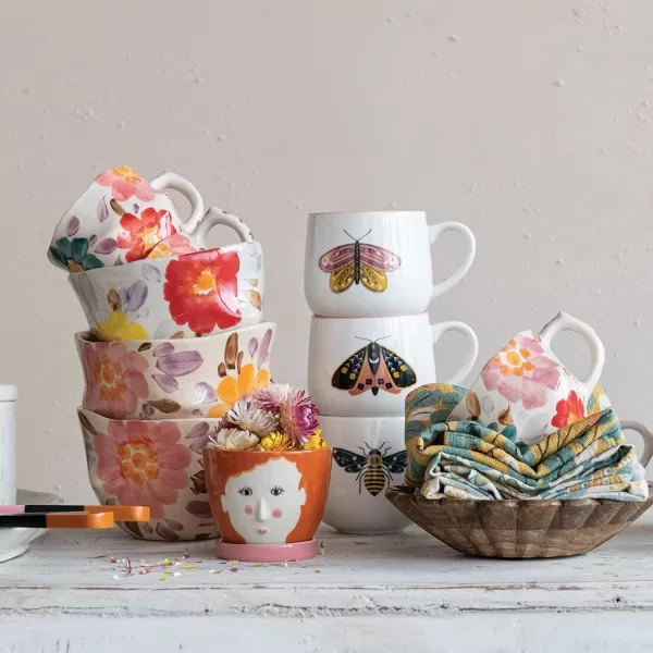 imageCreative CoOp Organically Shaped Edge Stoneware Painted Florals Set of 12 Multicolor Mug Multi