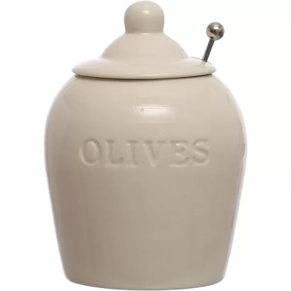 imageCreative CoOp 4 Inches Round Debossed Stoneware Stainless Steel Slotted Spoon Olives White Set of 2 Jar