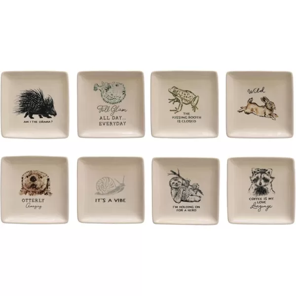 imageCreative CoOp 5 Inches Square Stoneware Animal and Text Prints Cream Set of 8 Dish