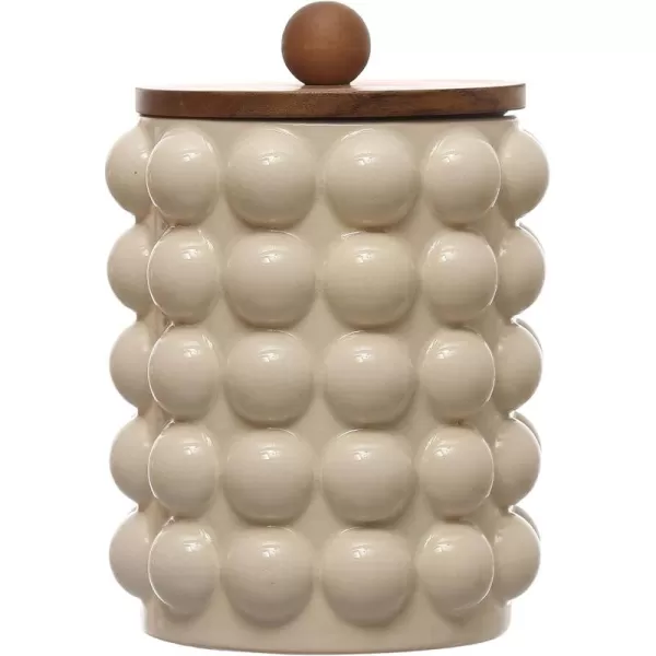 imageCreative CoOp 575 Inches Round Stoneware Raised Dots and Acacia Wood Lid White and Natural Canister