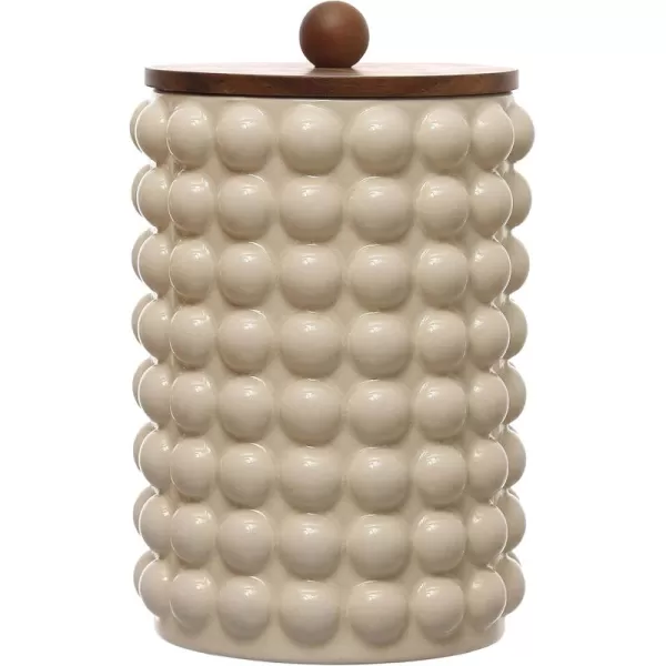 imageCreative CoOp 675 Inches Round Stoneware Raised Dots and Acacia Wood Lid White and Natural Canister