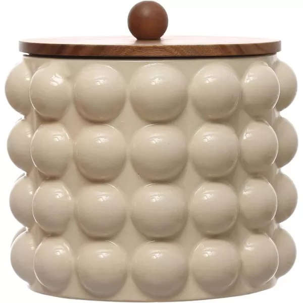 imageCreative CoOp 825 Inches Round Stoneware Raised Dots and Acacia Wood Lid White and Natural Canister