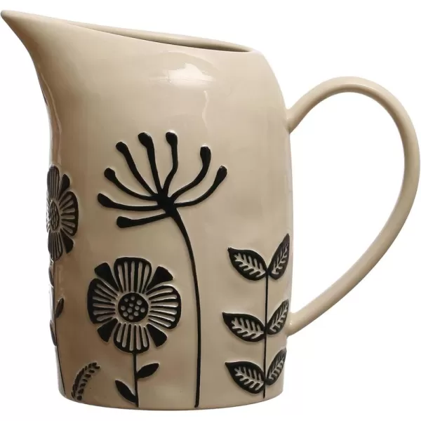 imageCreative CoOp 875 Inches 62Ounce HandPainted Stoneware Embossed Flowers Cream and Black Pitcher
