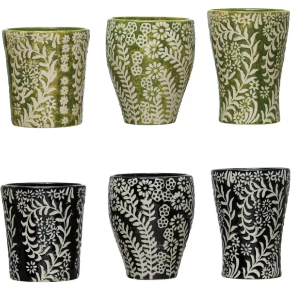 imageCreative CoOp Farmhouse Stoneware Wax Relief Botanicals Set of 6 Styles 2 Colors Cup Multi