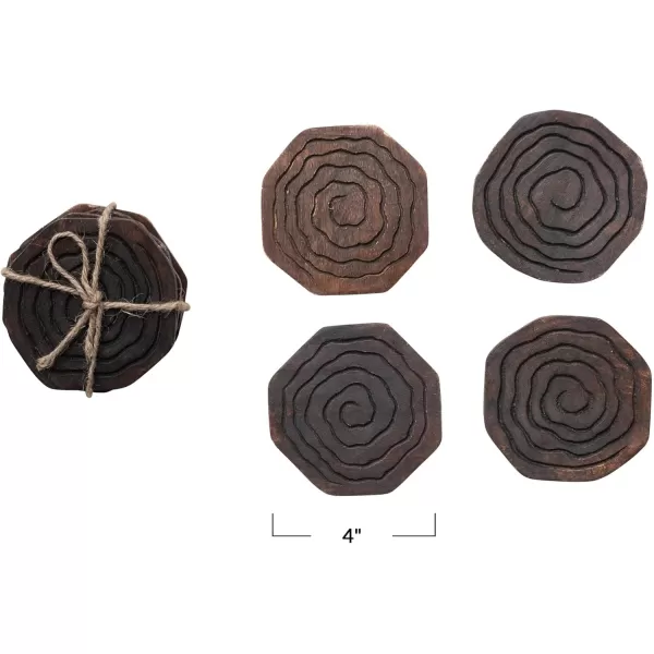 imageCreative CoOp 4 Inches Round HandCarved Mango Wood Distressed Finish Natural Set of 4 Coaster Brown