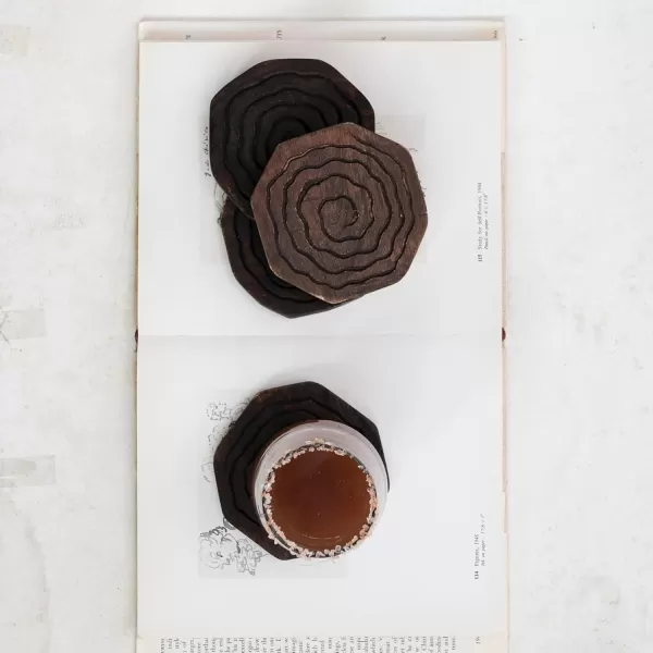 imageCreative CoOp 4 Inches Round HandCarved Mango Wood Distressed Finish Natural Set of 4 Coaster Brown