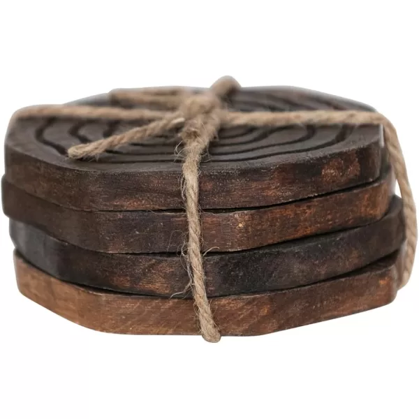 imageCreative CoOp 4 Inches Round HandCarved Mango Wood Distressed Finish Natural Set of 4 Coaster Brown